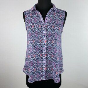 H&M Tank Top Womens 2 Button Up Partially Hidden Sheer Patterned Collared Hi-Lo